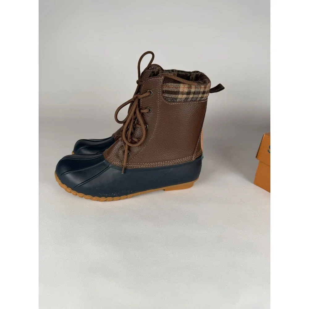 Sporto Debunk Navy Brown Plaid‎ Trim Duck Boots Womens 9M New in Box